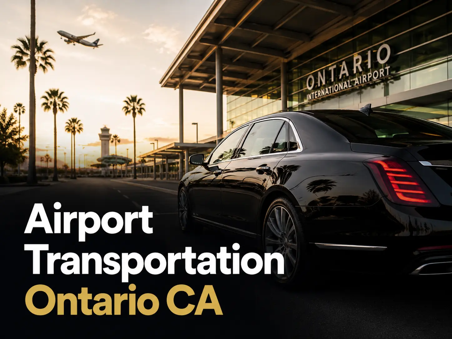 Private Ontario Airport transportation service with a black luxury sedan at ONT