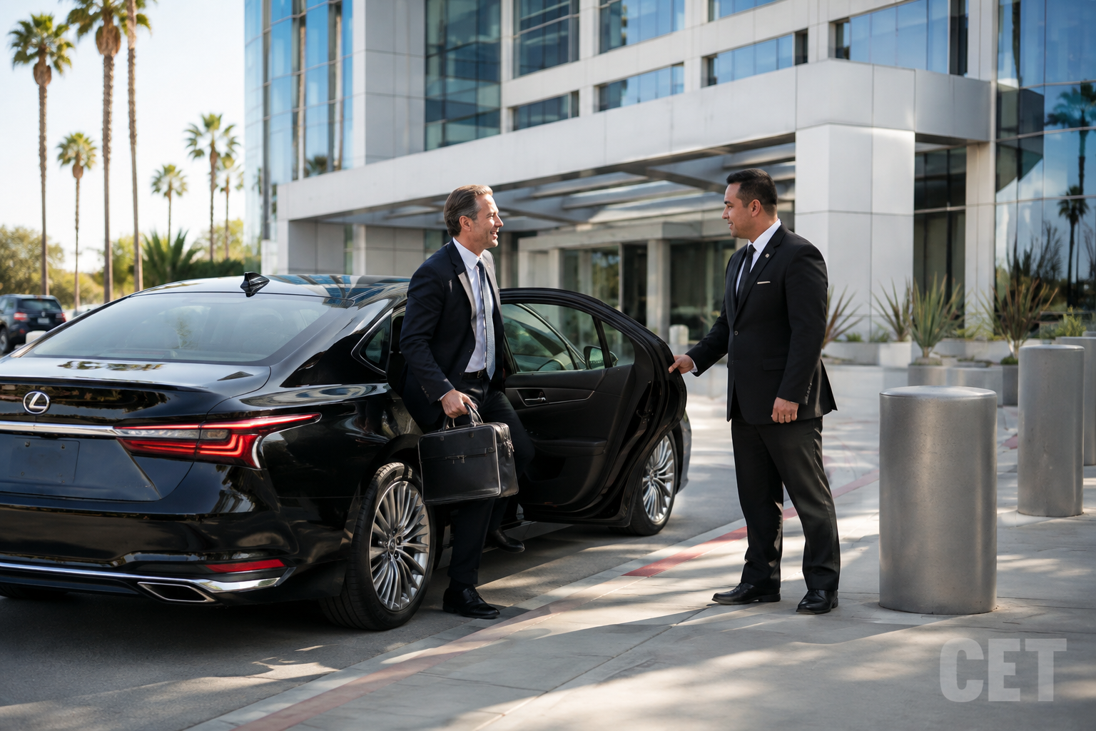 Black Lexus sedan arriving for corporate car service during Southern California business travel