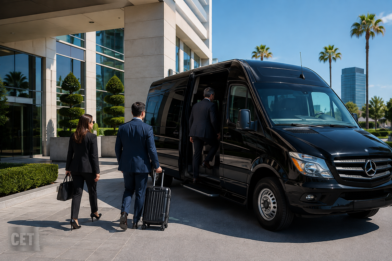 Black Mercedes Sprinter van for corporate car service and Southern California business group transportation