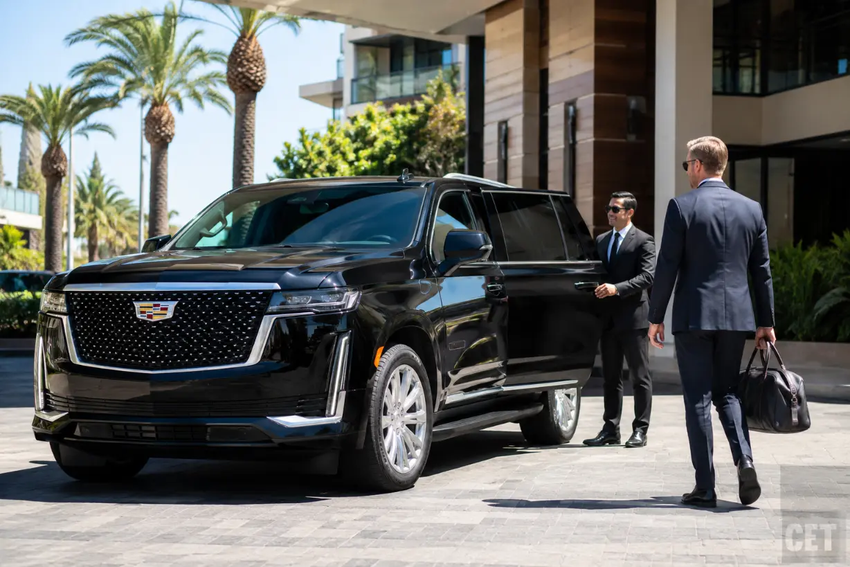Black Cadillac Escalade for corporate roadshow transportation across Southern California
