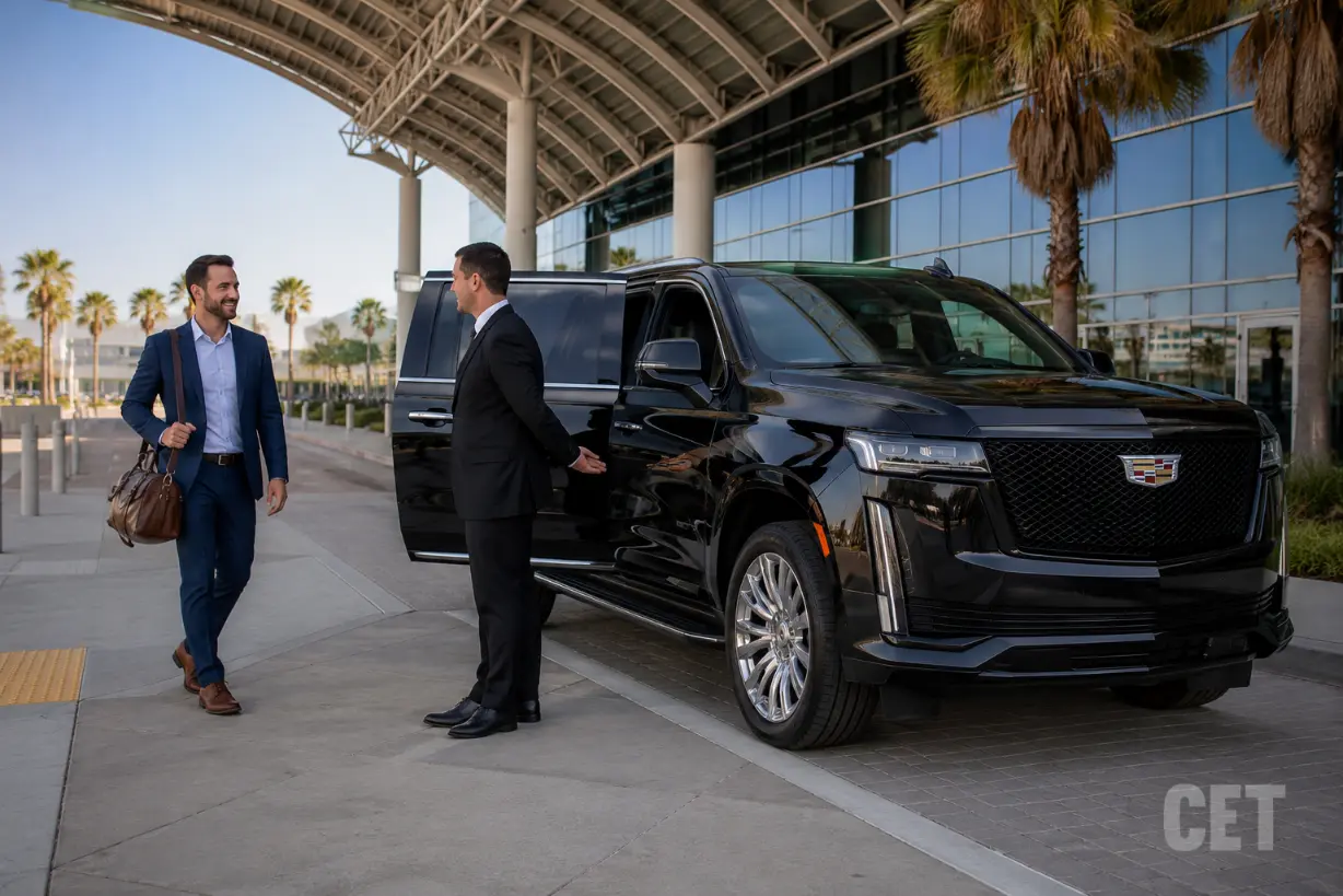 Chauffeured black Cadillac Escalade arriving for an Ontario Convention Center corporate meeting