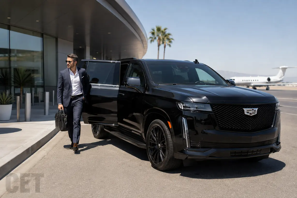 Black Cadillac SUV for private aviation FBO transportation in Southern California