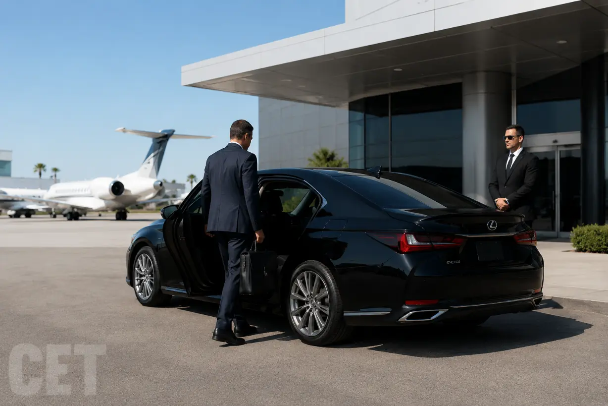 Black Lexus sedan for private aviation transportation and executive FBO arrivals in Southern California