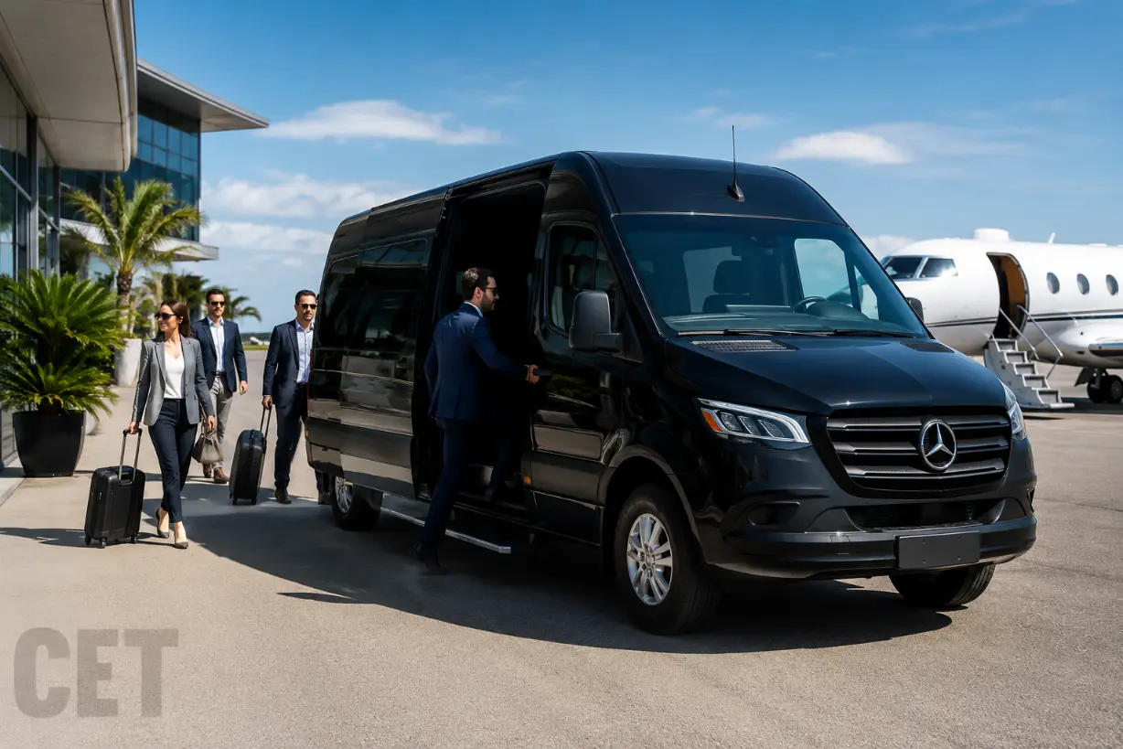 Black Mercedes Sprinter van for corporate private aviation and FBO group transportation in Southern California