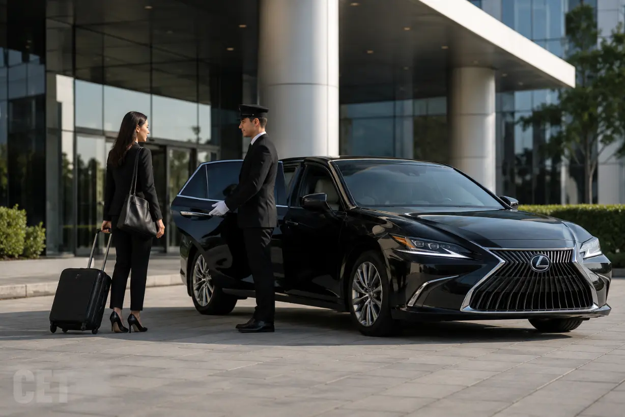 Black Lexus sedan with chauffeur for executive assistant corporate transportation planning