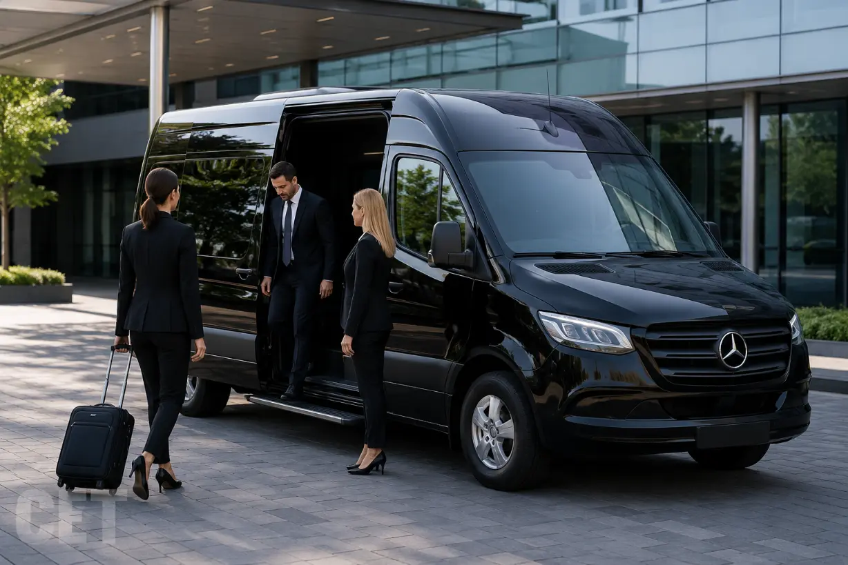 Black Mercedes Sprinter van for executive assistant arranged corporate group transportation