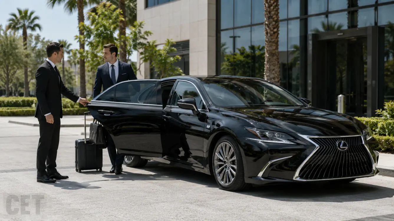 Black Lexus sedan arriving for hourly executive car service and multi-stop business travel